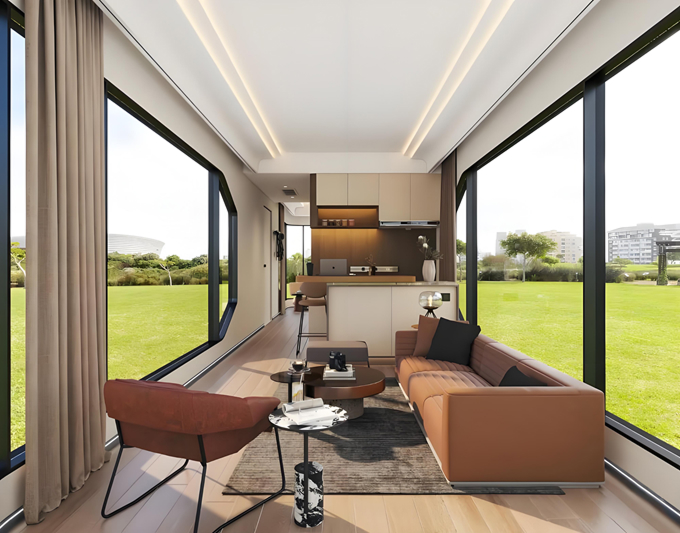 Cozy bedroom layout in a customizable space house with mountain view glazing