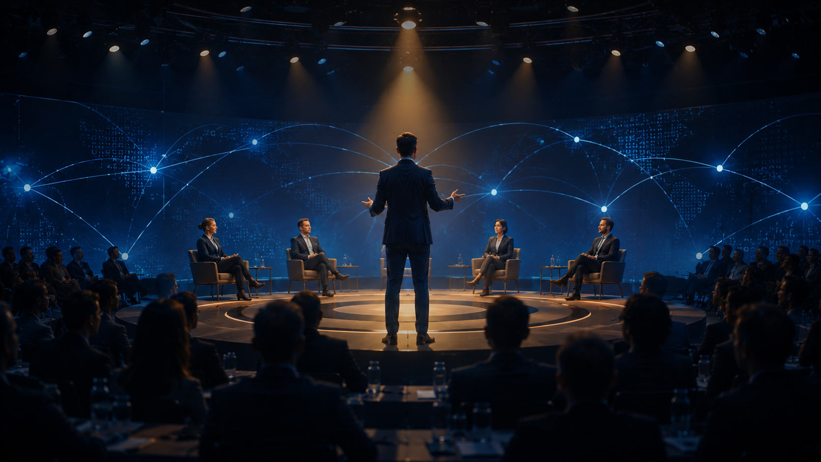 Business stage with a moderator managing discussion, audience attention, and event meaning