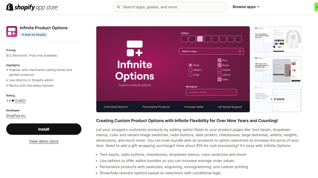 Infinite Options для сайта на шопифай