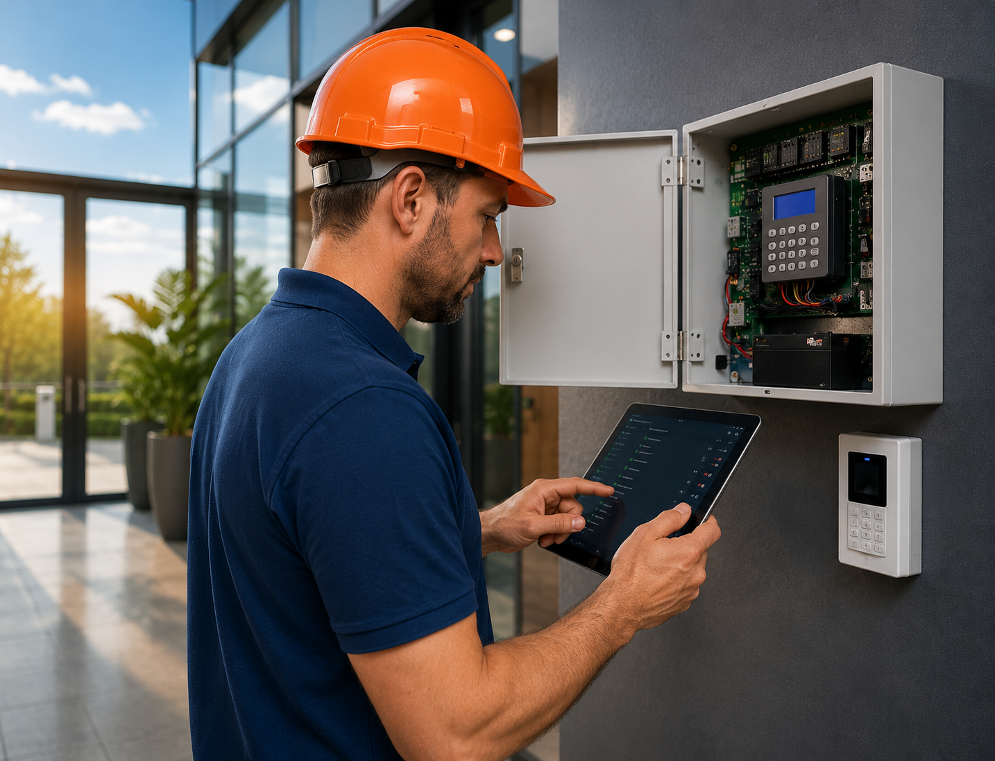 Security engineer servicing and testing an existing security system