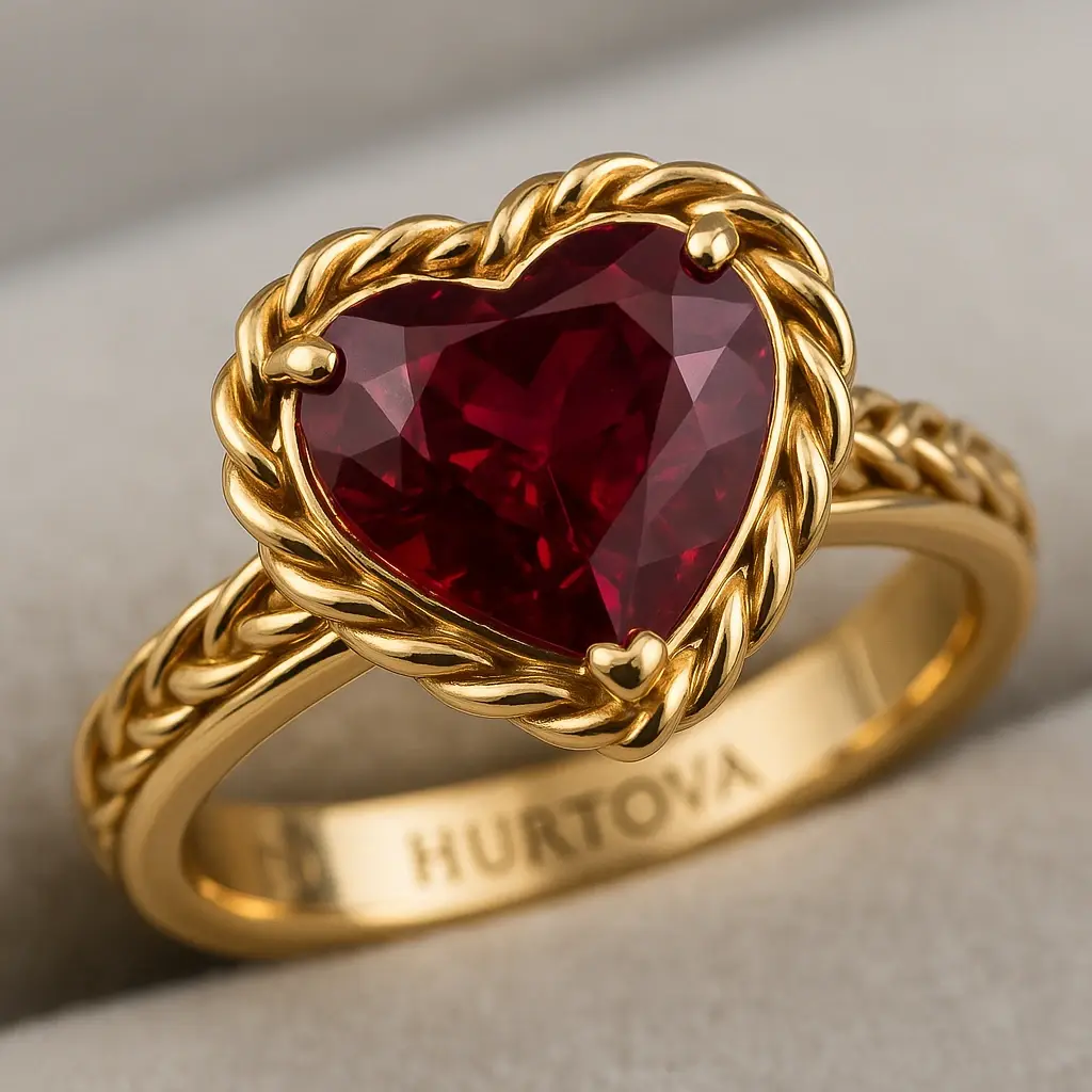 Вінтажна каблучка з рубіном у формі серця, оточена ажурним золотим плетінням і діамантовими акцентами, з гравіюванням HURTOVA всередині обідка | Ювелірні прикраси HURTOVA