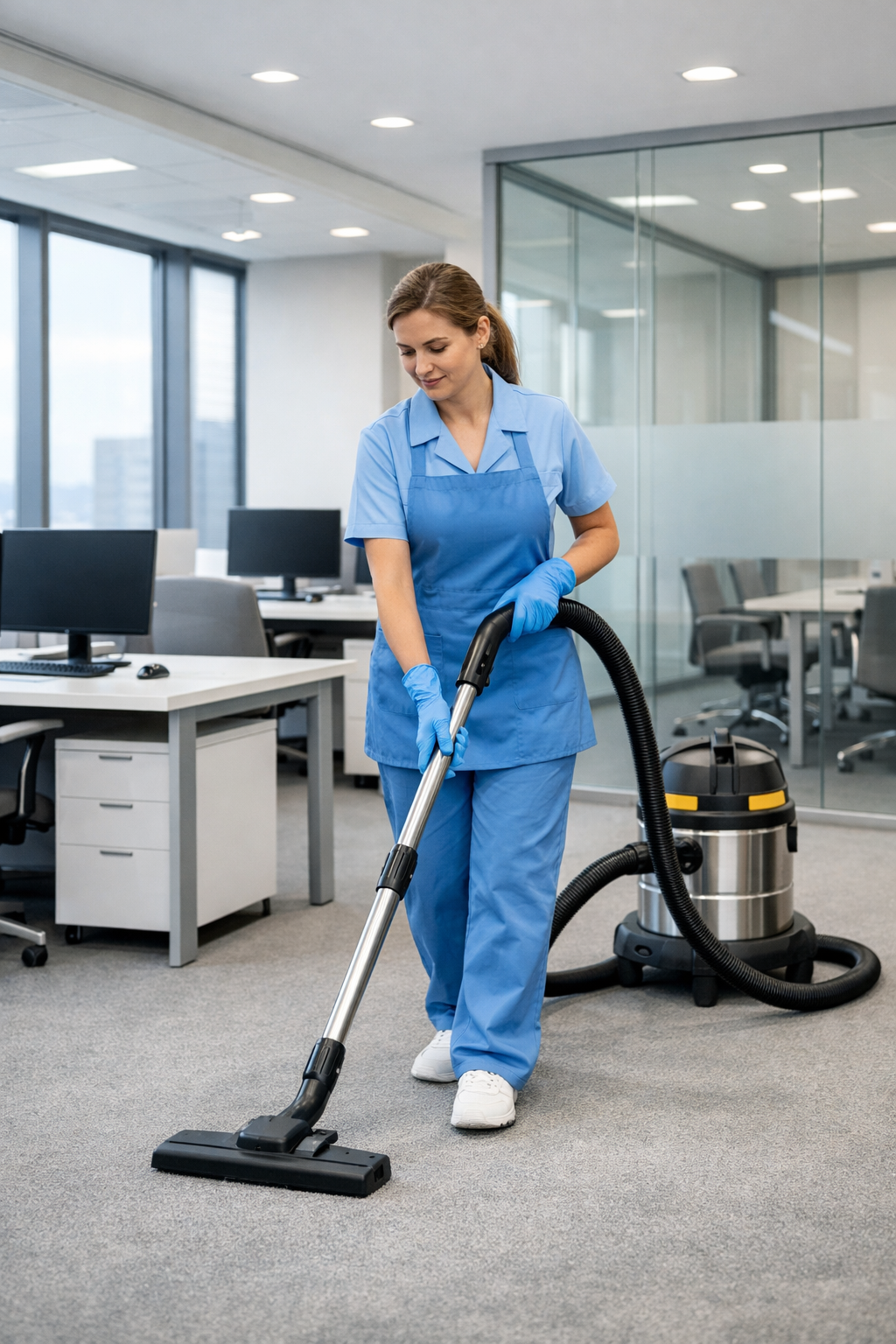 Professional cleaner using an industrial vacuum cleaner