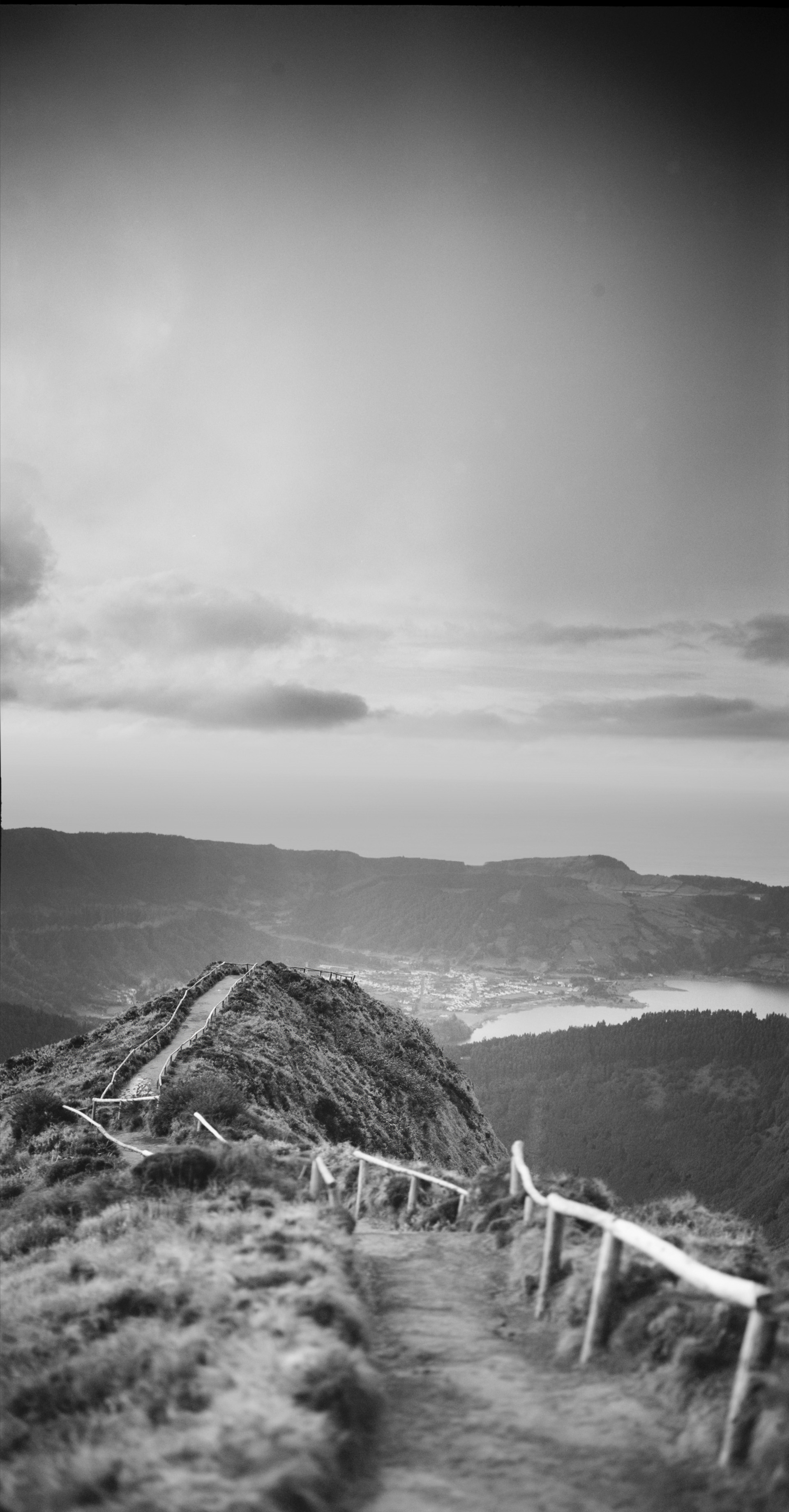 A trail overlooking a double lake