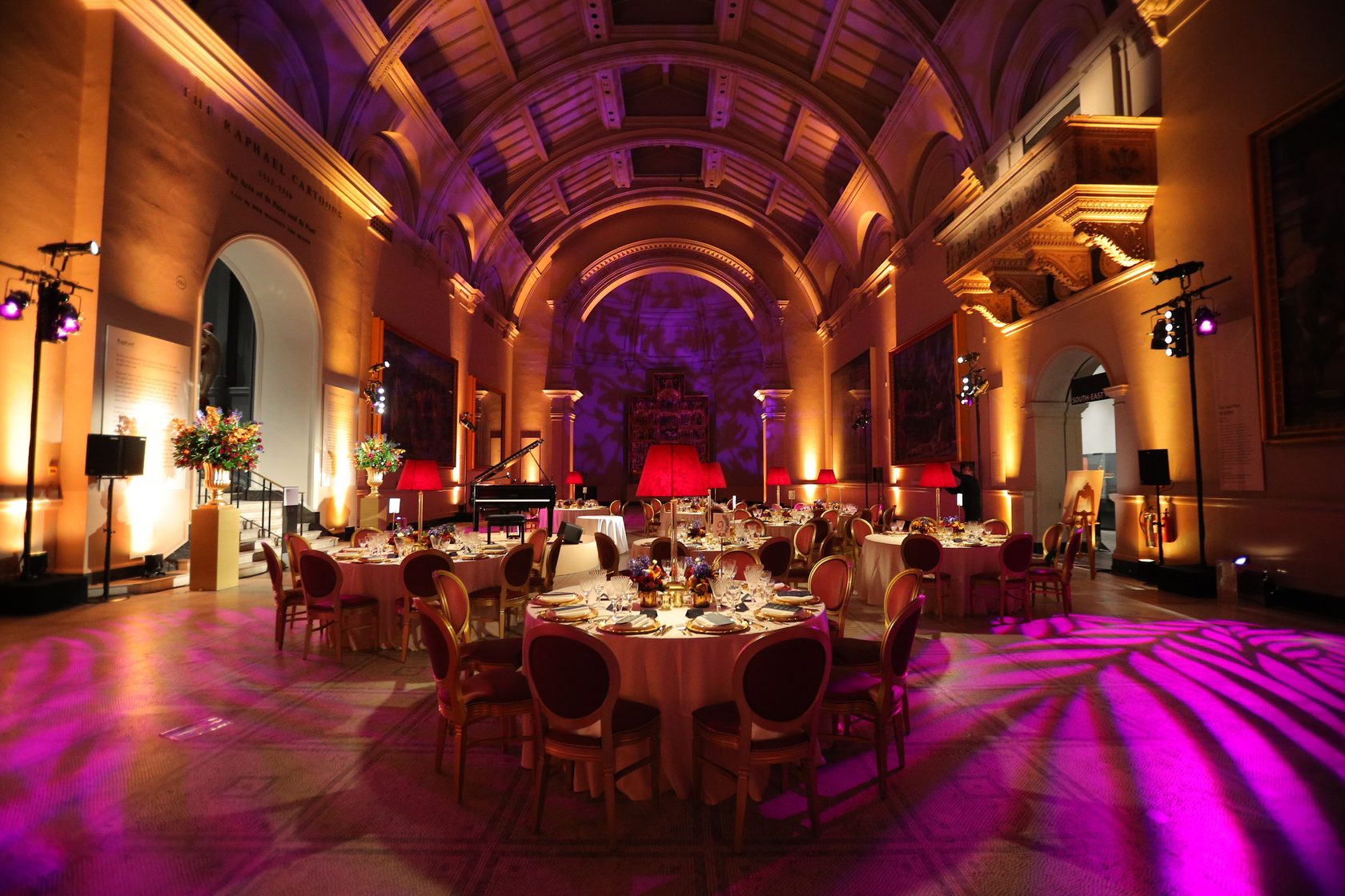 50th Birthday dinner party setup at the Raphael Gallery, V&amp;A Museum, London