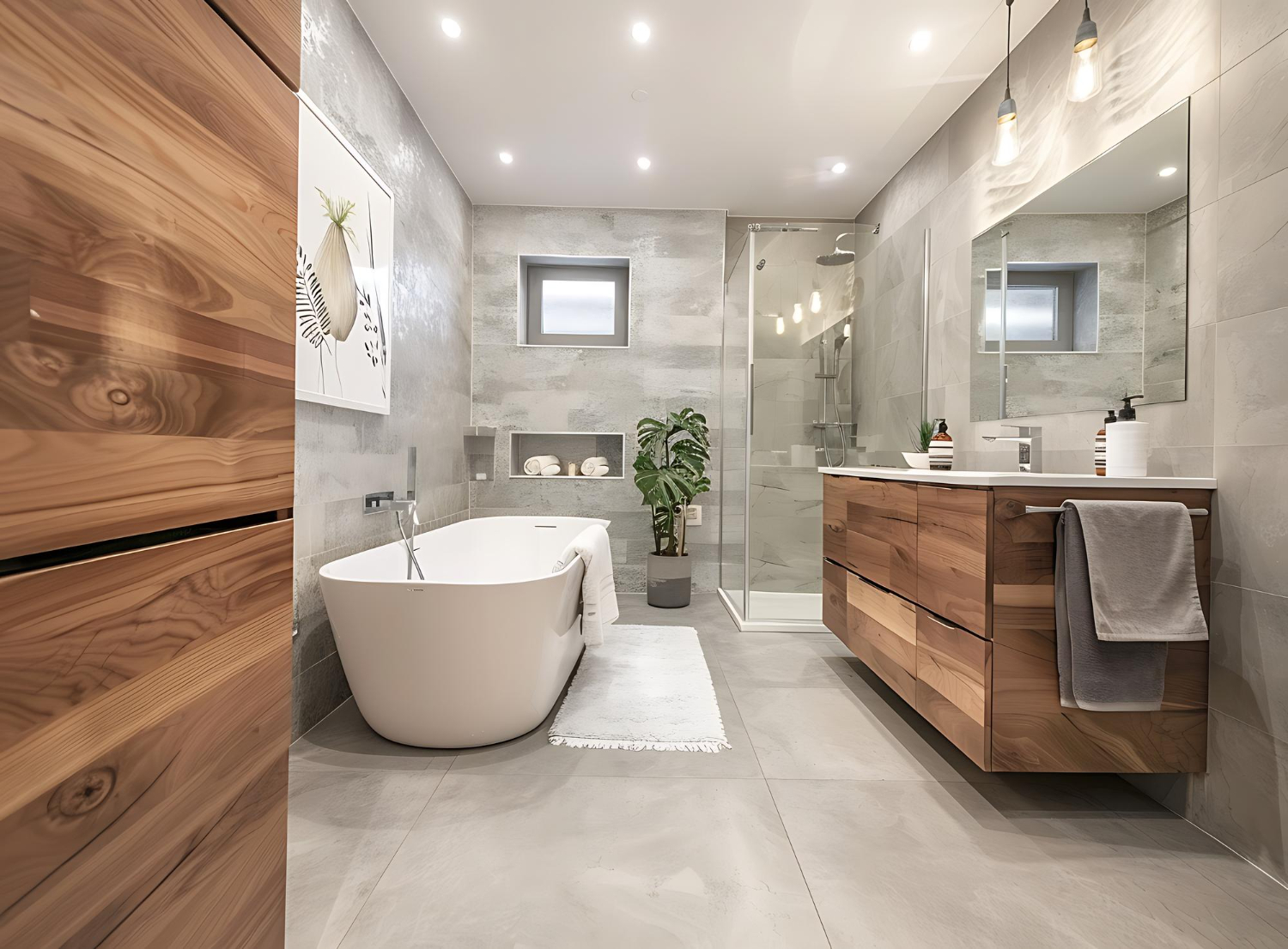 Saniertes Badezimmer mit Wanne, Dusche und Holzwaschtisch