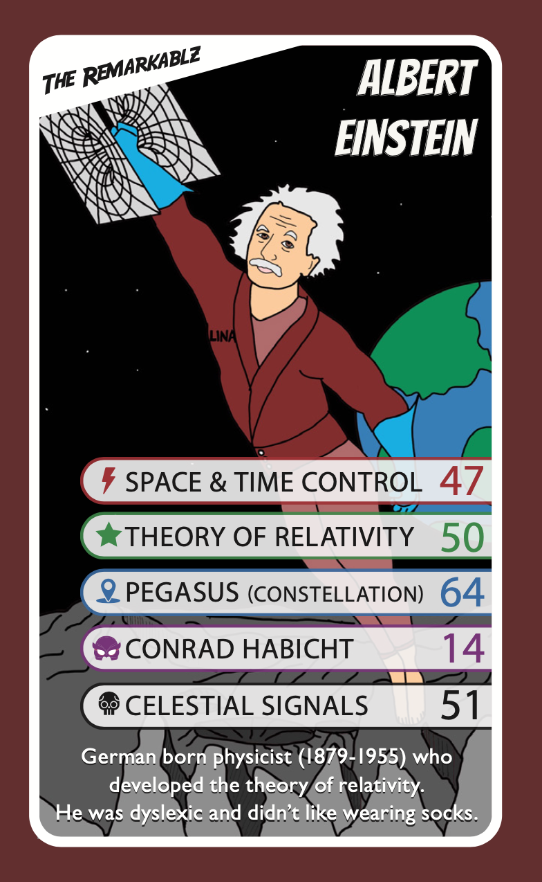 Illustrated superhero trading card of Albert Einstein from The Remarkablz. Einstein is shown in a space-themed costume with white hair, holding a web-like structure labeled ‘LINA’. Stats on the card include Space &amp; Time Control (47), Theory of Relativity (50), Pegasus Constellation (64), Conrad Habicht (14), and Celestial Signals (51). Caption describes him as a German-born physicist (1879–1955), known for the theory of relativity, noting that he was dyslexic and disliked wearing socks.