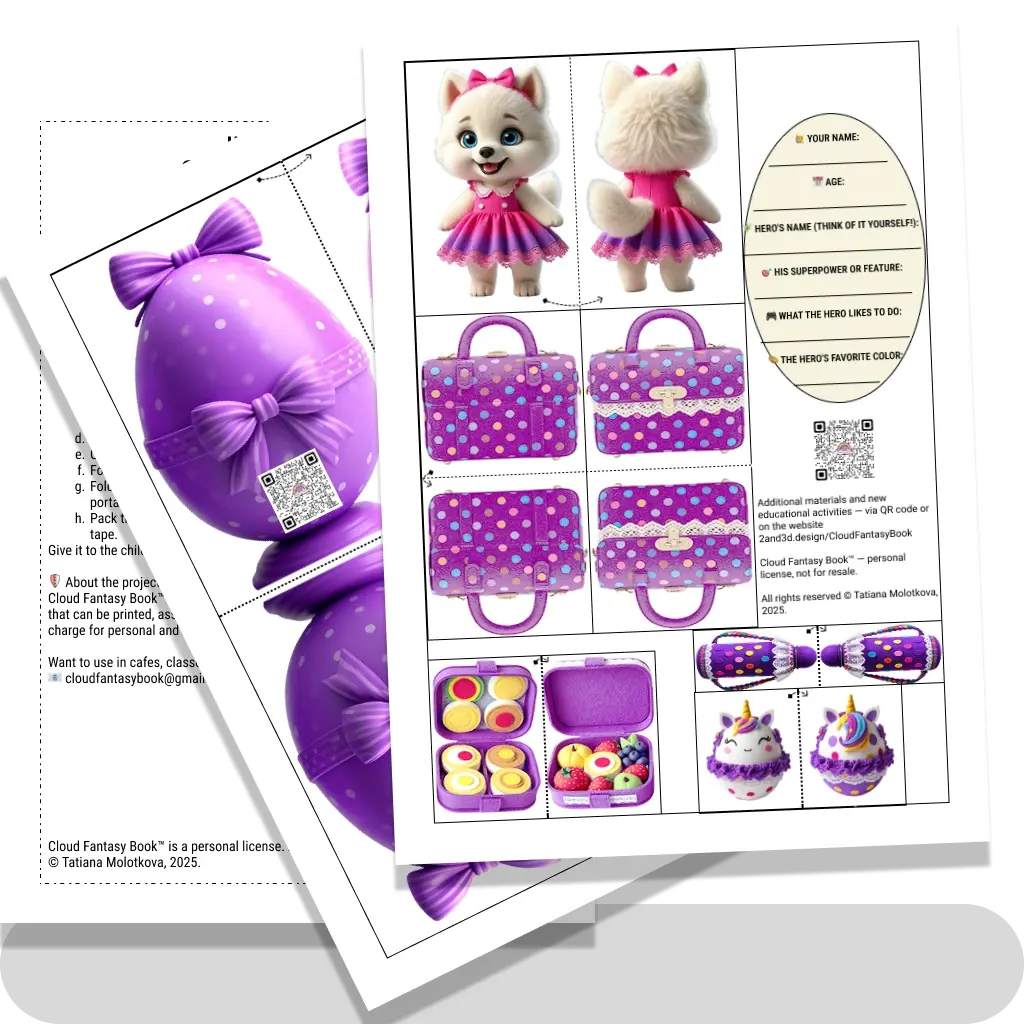 Character Dog and his things with a questionnaire purple-pink