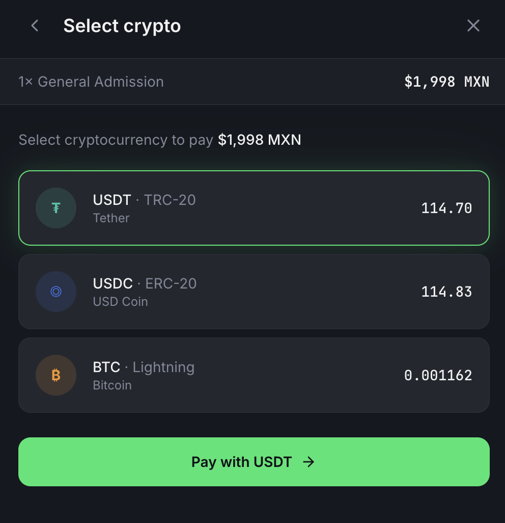 Selección de criptomoneda para pagar