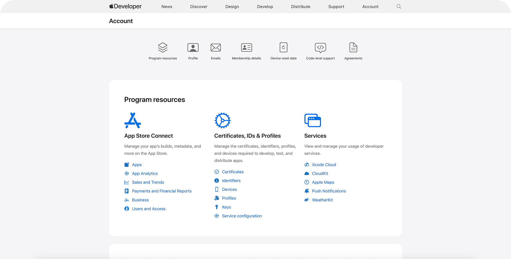 Verified Apple Developer Account Dashboard with full access to App Store Connect, Certificates, IDs, and Developer Services.