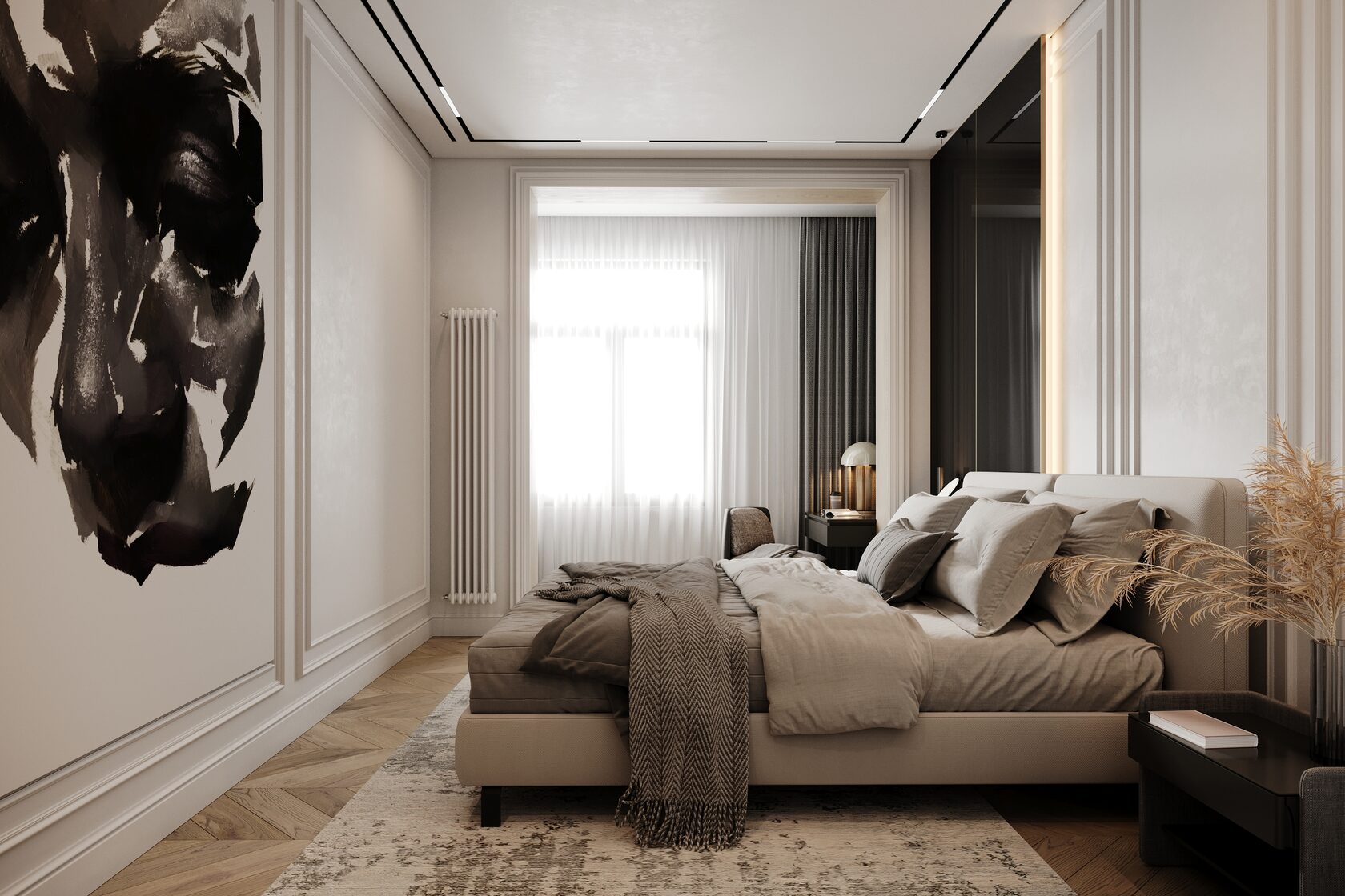 This spacious two-bedroom apartment is located on one of the top floors, offering panoramic views of Moscow