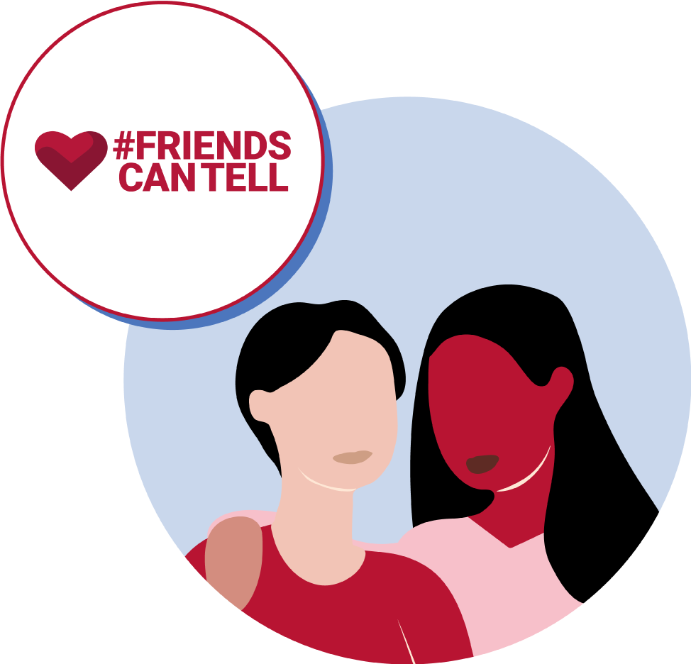 The your best friend logo shows two friends. One has their arm over the other's shoulder in support and the thought bubble says 'hashtag friends can tell'.