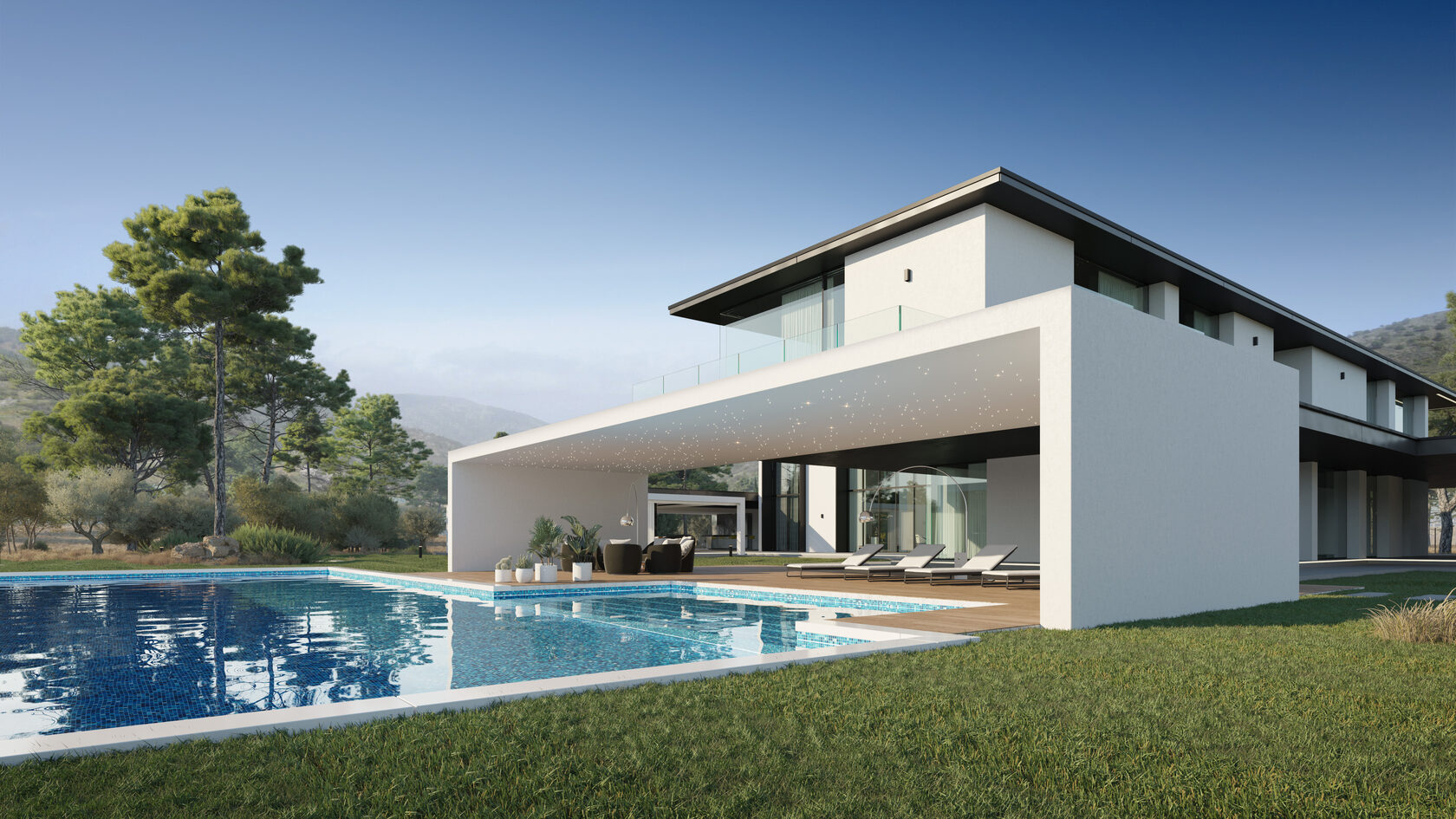 This villa is located on an elevated site in the suburbs of Limassol. The architecture of the house consists of several volumes unified under a single roof, including the main living block, a garage, staff quarters, and a pool area