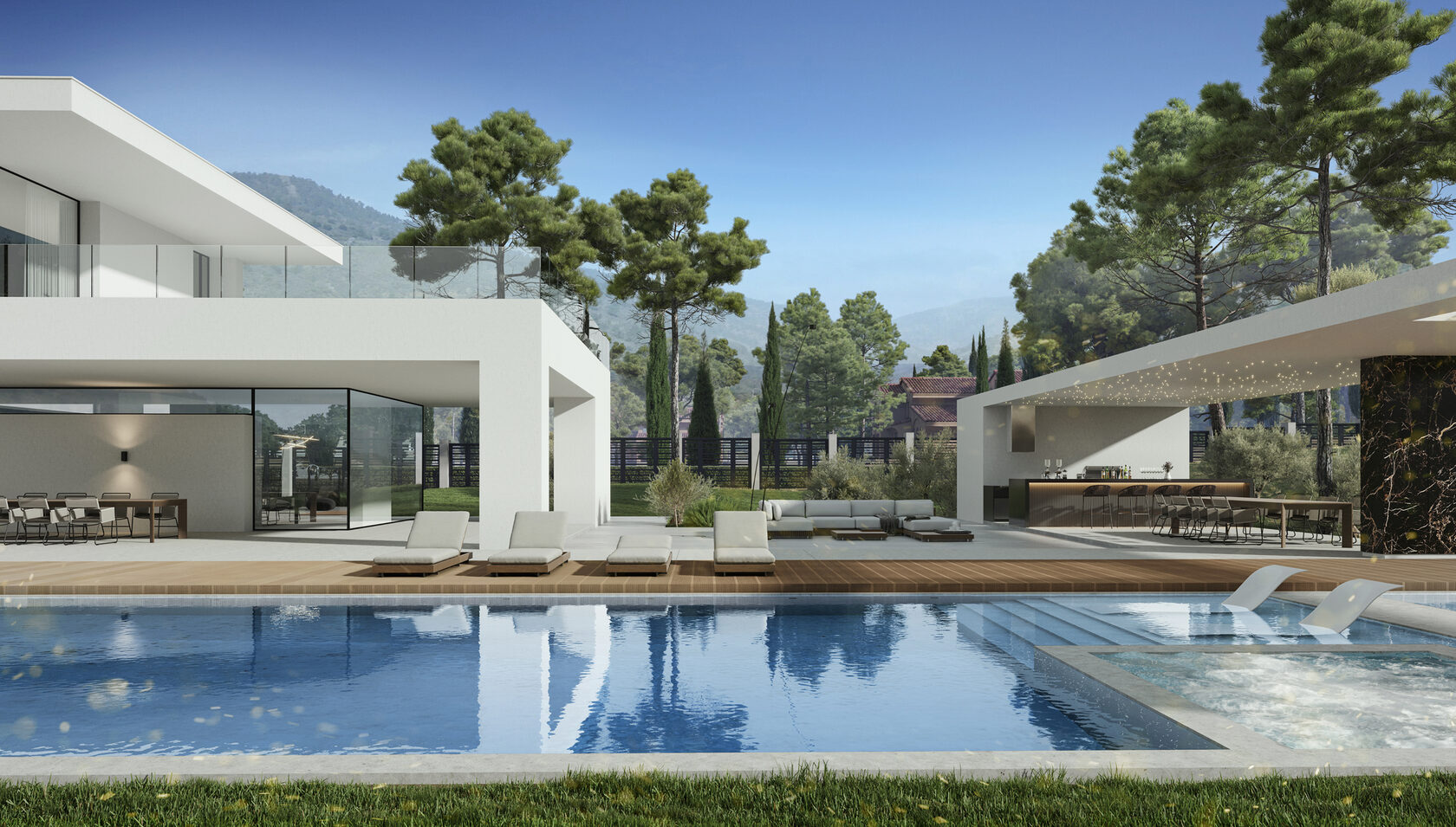 This estate consists of several buildings — including the main residence, a spa, and auxiliary structures, located in the hills near Limassol