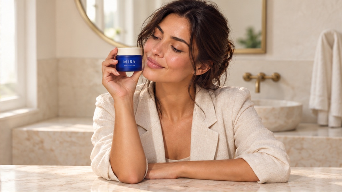 MIRA skincare jar held beside a woman’s cheek in a bright bathroom.