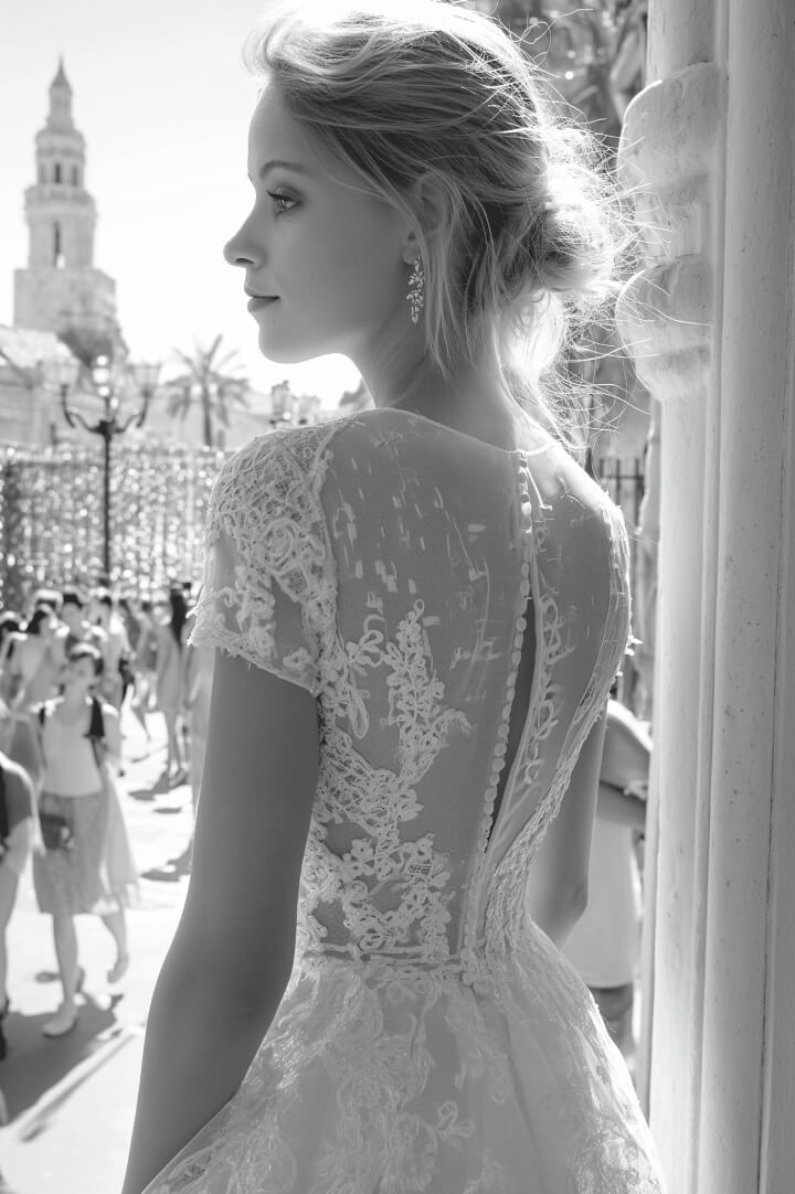 Elegant white wedding dress with lace detailing and long train