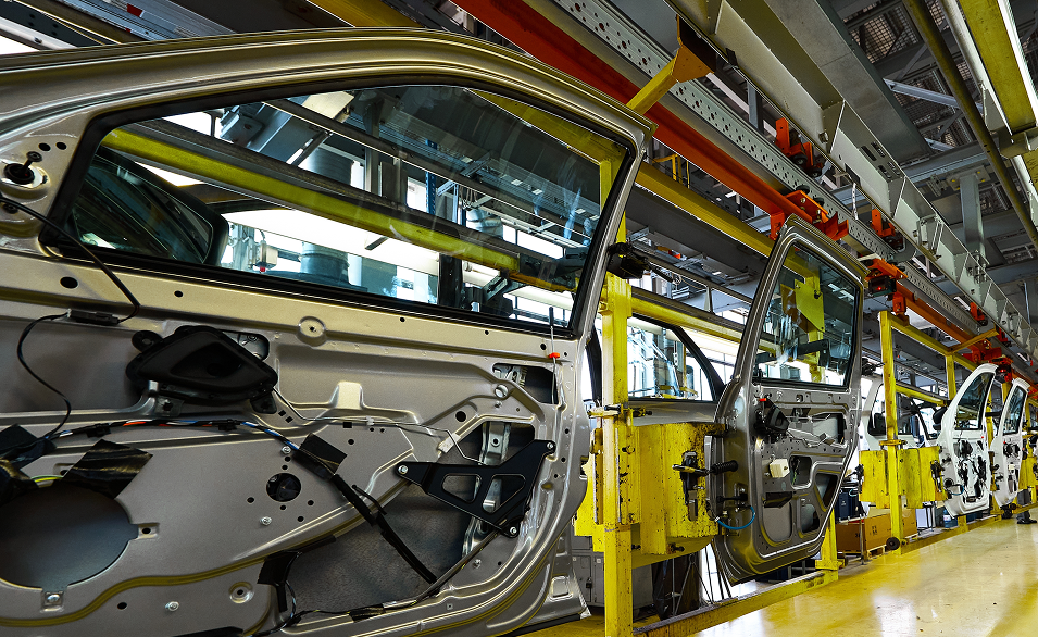 Car door frames on an automotive assembly line