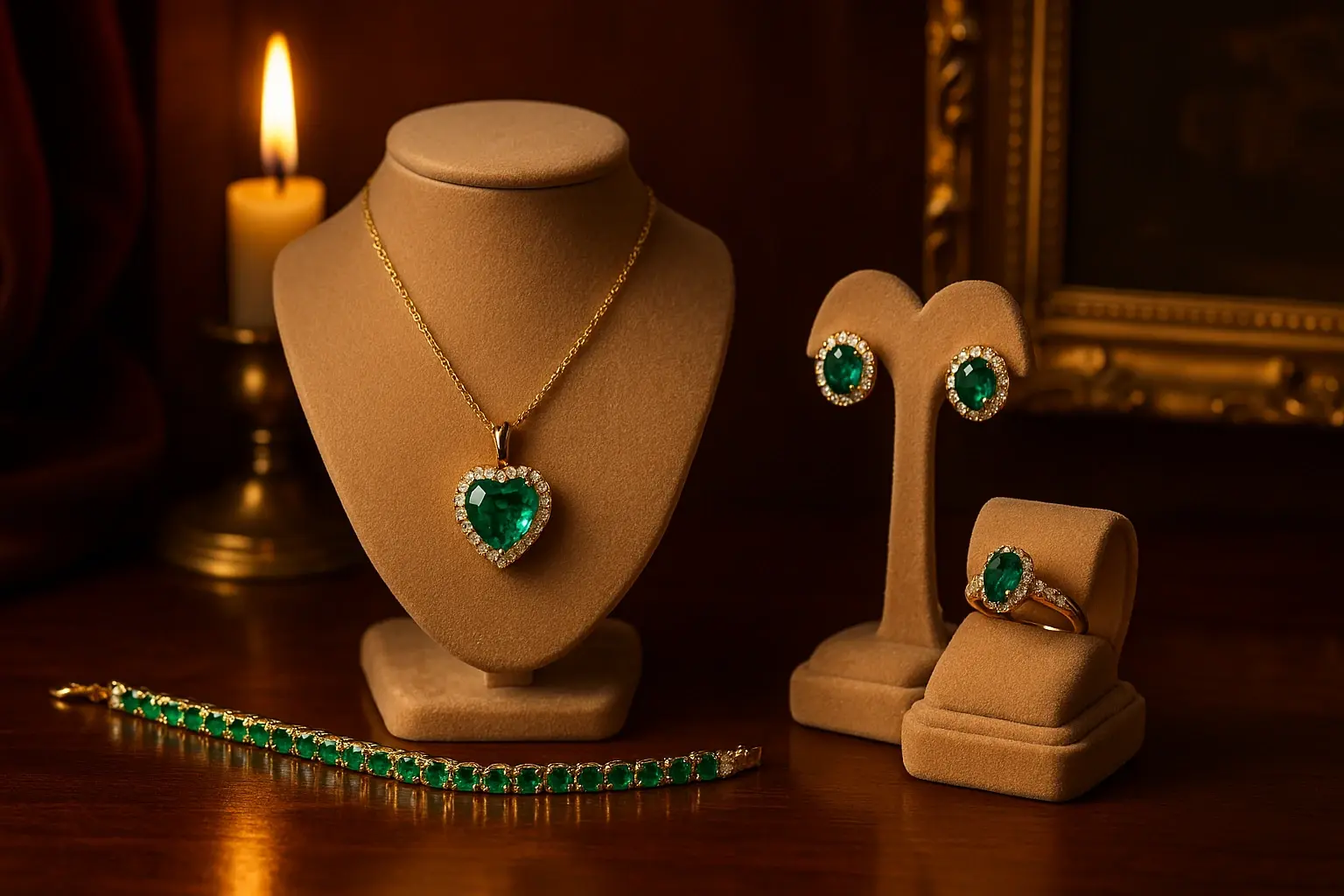Золотий ювелірний комплект HURTOVA зі смарагдами: кулон-серце, сережки, каблучка та тенісний браслет