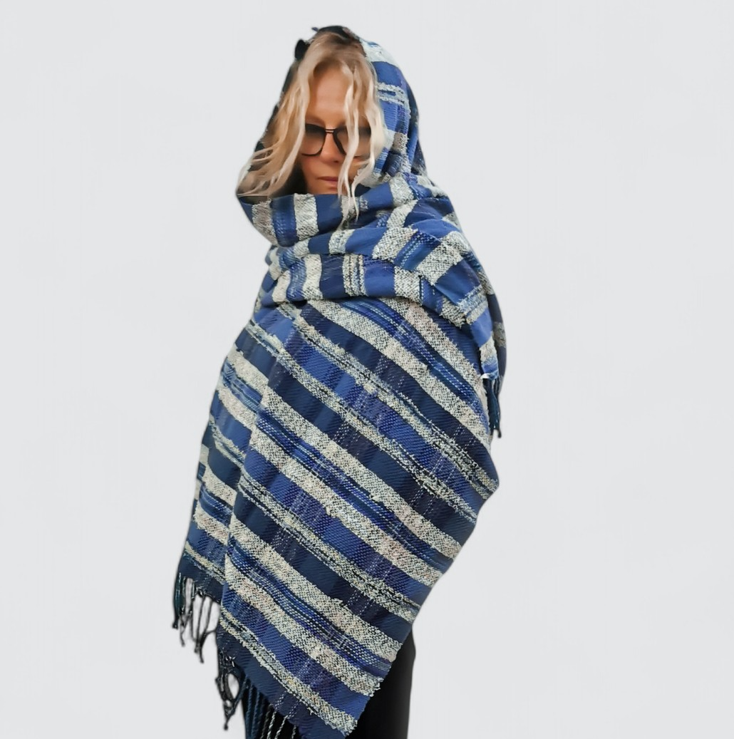 Handwoven blue cotton shawl for spring and summer evenings