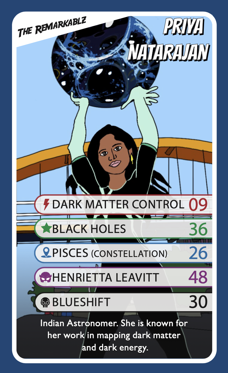 Illustrated superhero trading card of Priyamvada Natarajan from The Remarkablz, featuring her powers of dark matter control and expertise in black holes, constellations, and blueshift. Known for mapping dark energy and space phenomena.