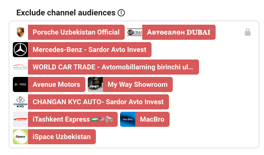 Поле Exclude channel audiences со списком исключенных каналов автосалонов