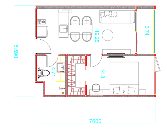 1-bedroom floor plan 43 m² Sun Hills Layan