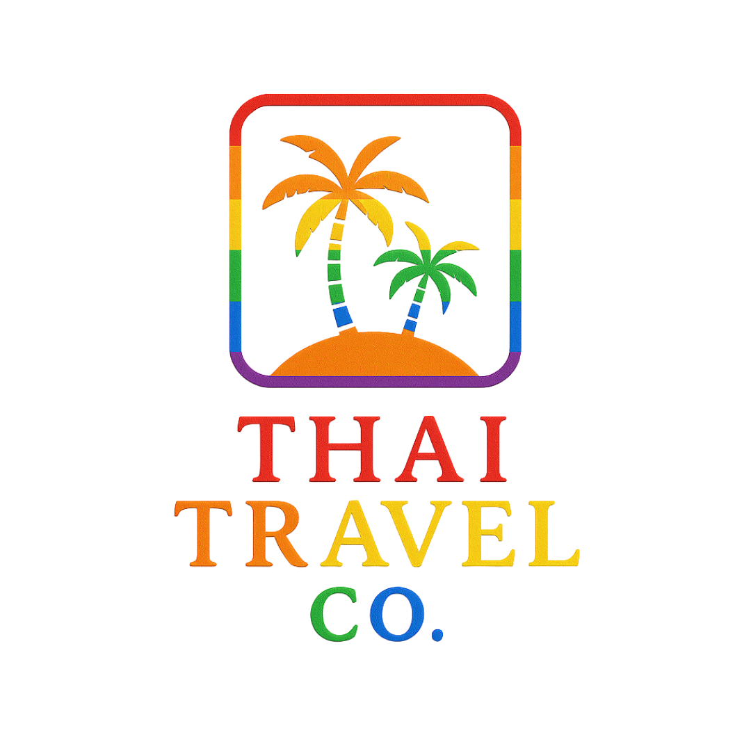 Thai Travel Co. logo featuring two gold palm trees on a tropical island, on a navy blue background
