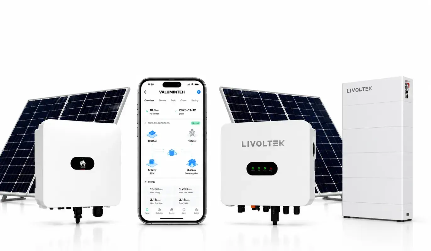 Sistem fotovoltaic complet: invertoare Huawei și Livoltek, baterie Livoltek, panouri solare Jinko, aplicație mobilă de monitorizare
