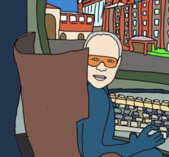 Illustrated superhero version of An Wang sitting at a large retro computer console labeled 'WANG