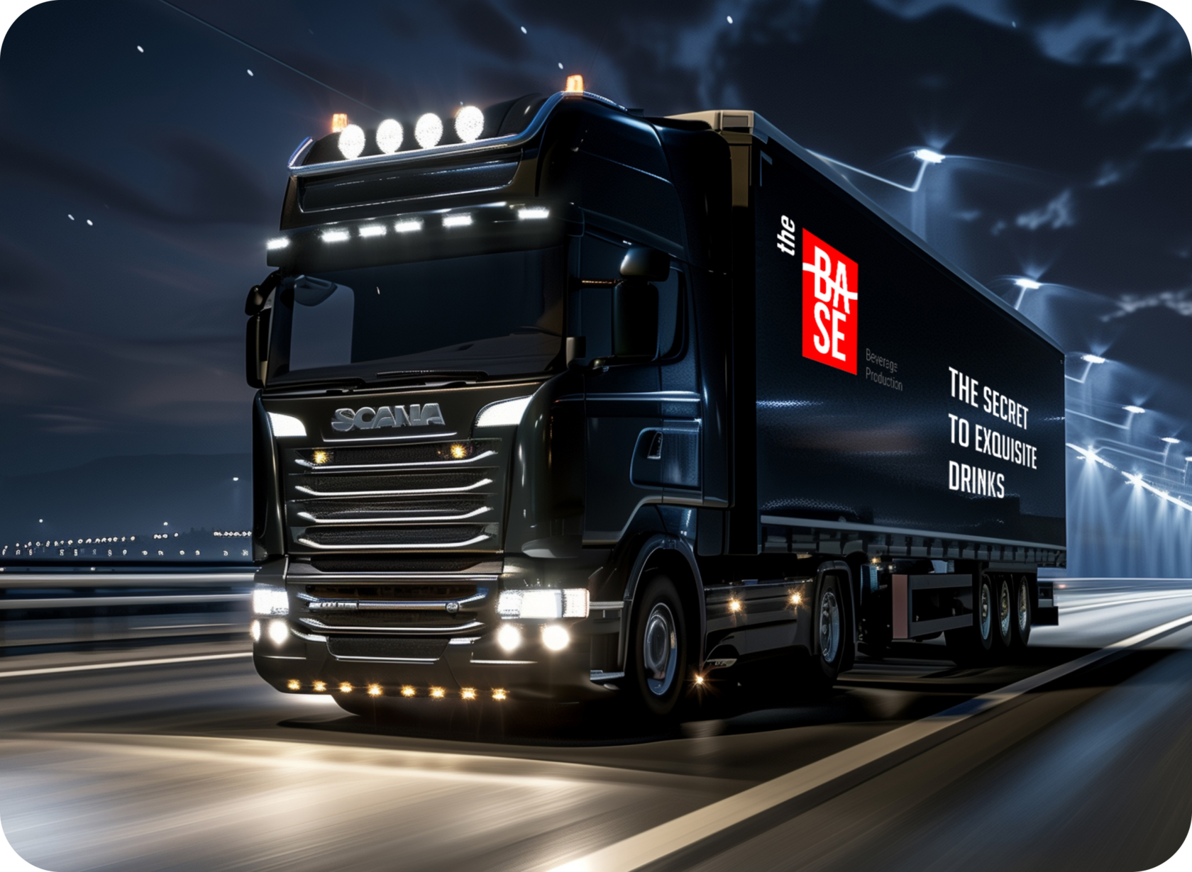 Branded delivery truck from The Base Beverage driving at night, representing fast and cost-effective international shipping