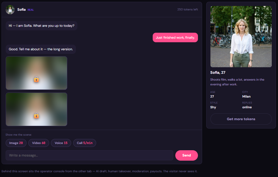 A chat with two locked photos and the buttons Image 20, Video 60, Voice 15, Call 5 per minute.