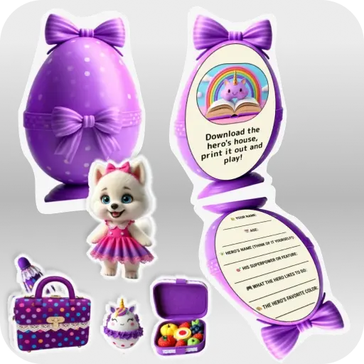 Character Dog and his things with a questionnaire purple-pink