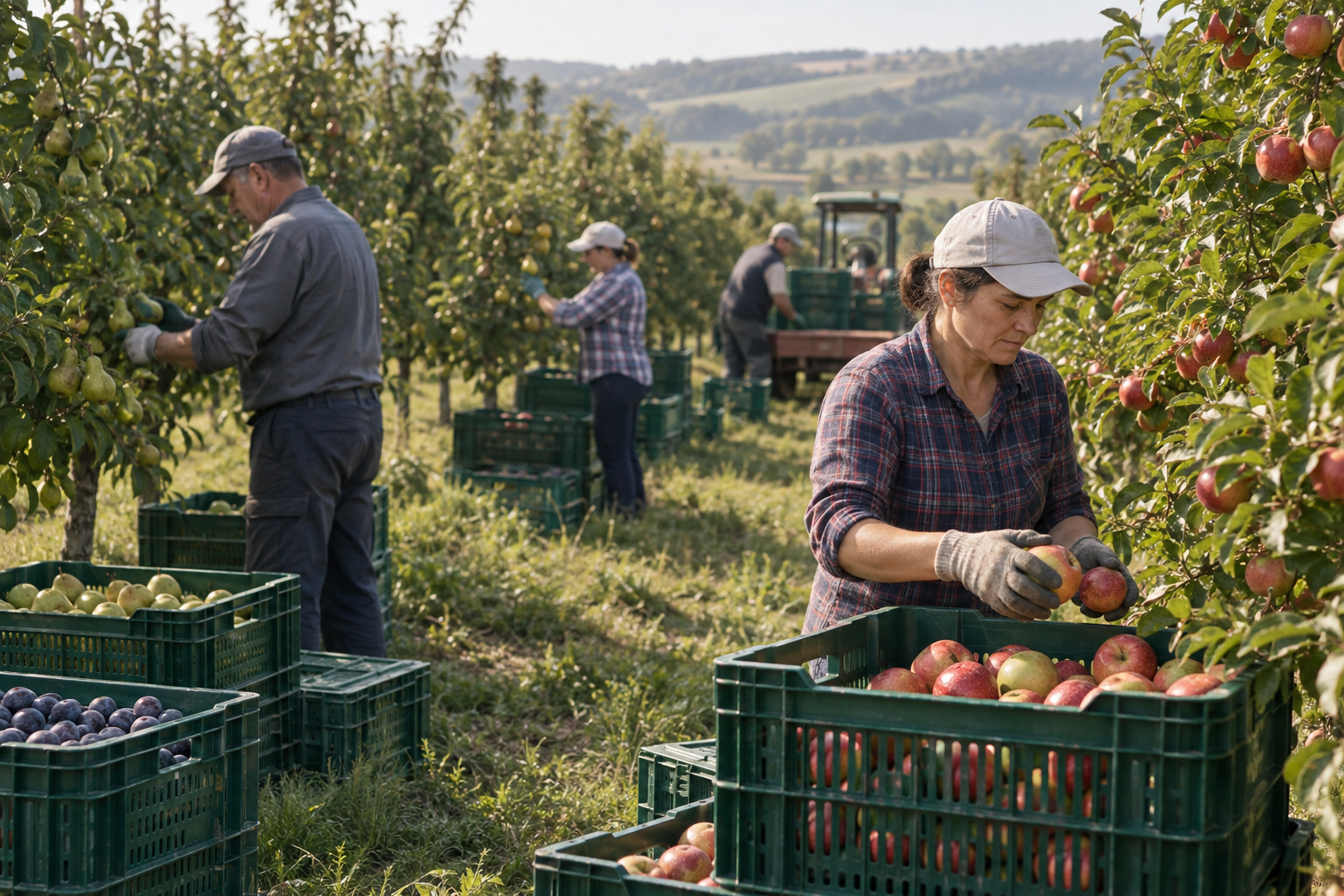 Muncitori culeg mere într-o livadă și le așază în containere verzi