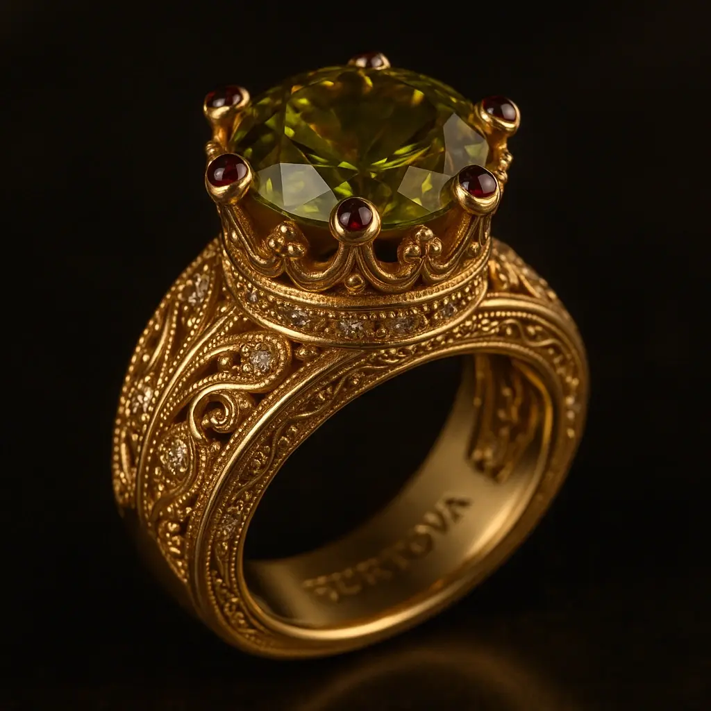 Розкішна золота каблучка-корона з великим круглим султанітом усередині корони, інкрустованими гранатами та діамантами, детальний різьблений візерунок, бренд HURTOVA, преміальна ювелірна прикраса 