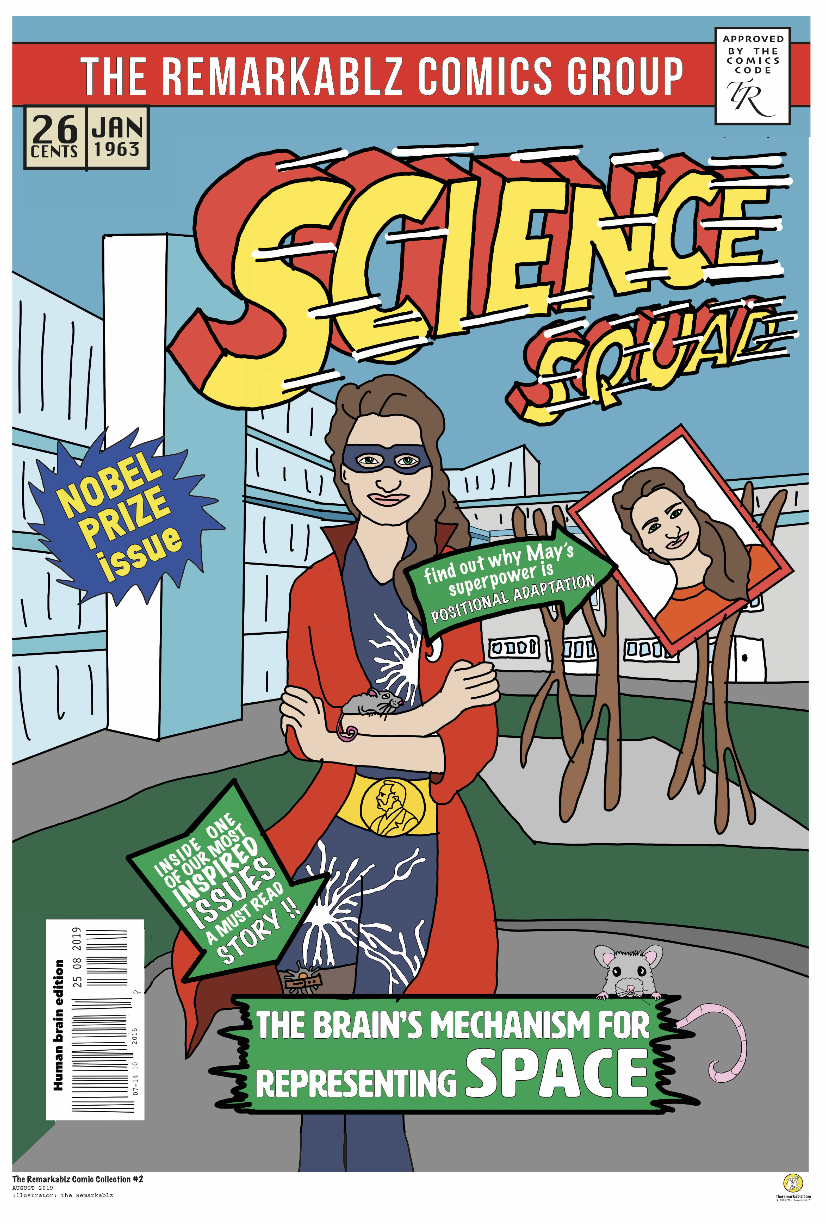 Cartoon illustration of neuroscientist May-Britt Moser as a superhero on a science-themed comic book cover. She wears a red cape and utility belt, holding a rat on her arm, with abstract neural pathways on her costume. The comic cover highlights her Nobel Prize win and research into how the brain represents space.