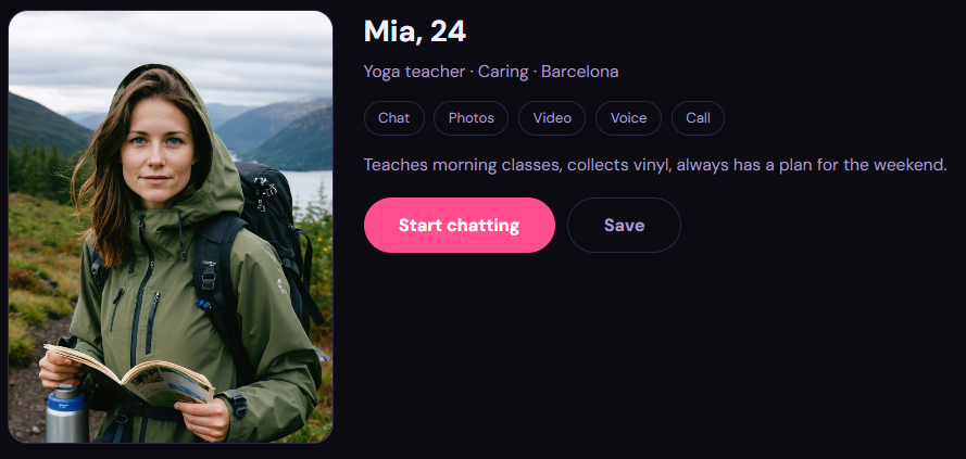 A character profile: name, age, city, what she is like, and the buttons for chat, photos, video, voice and calls.