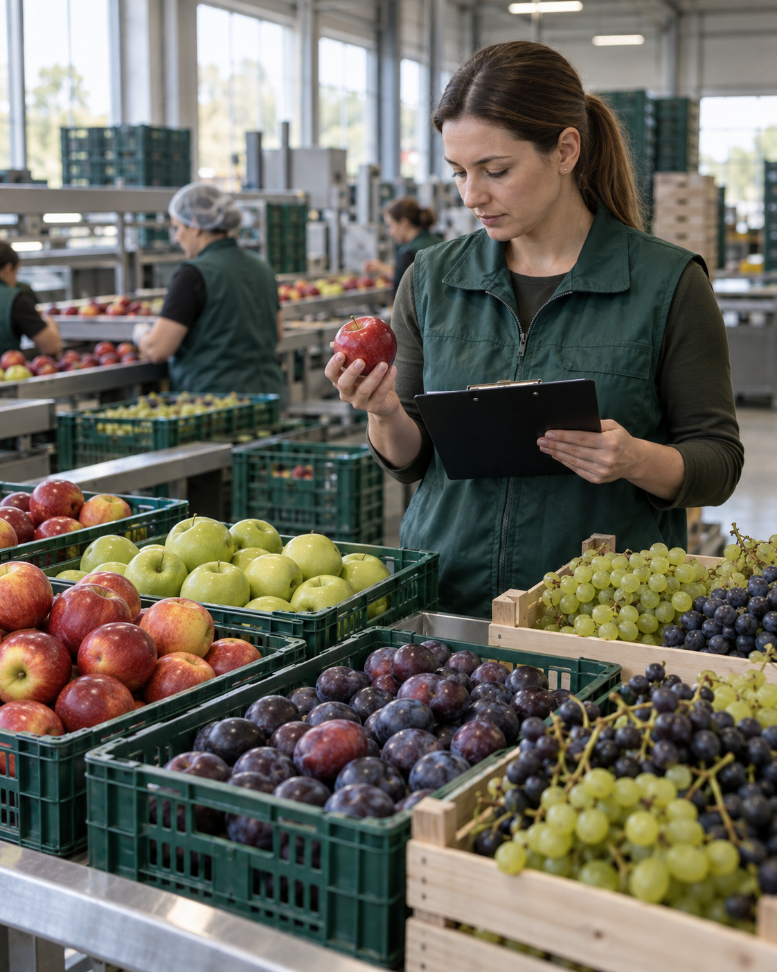 Сотрудник Fruit Company Logistic проверяет качество свежих яблок, слив и винограда на сортировочной линии