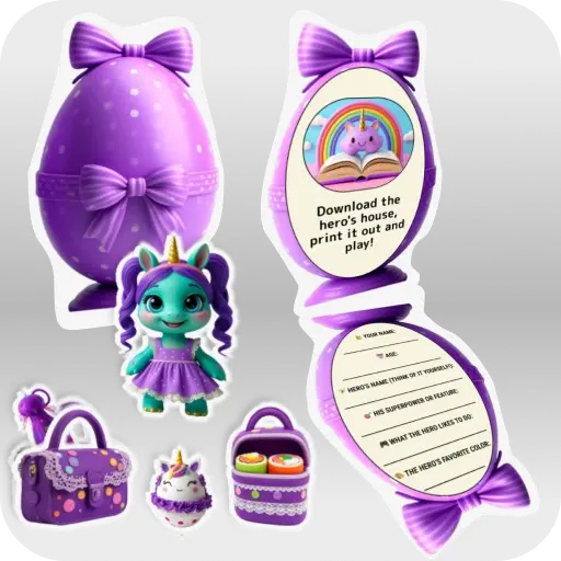 Character Uni-turtle and his things with a questionnaire purple