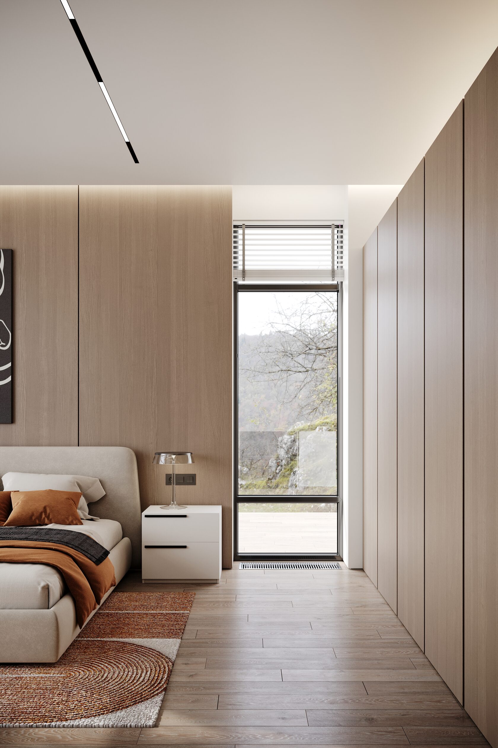 This cottage is located in a modern suburban community, whose architecture is inspired by the classic designs of Frank Lloyd Wright