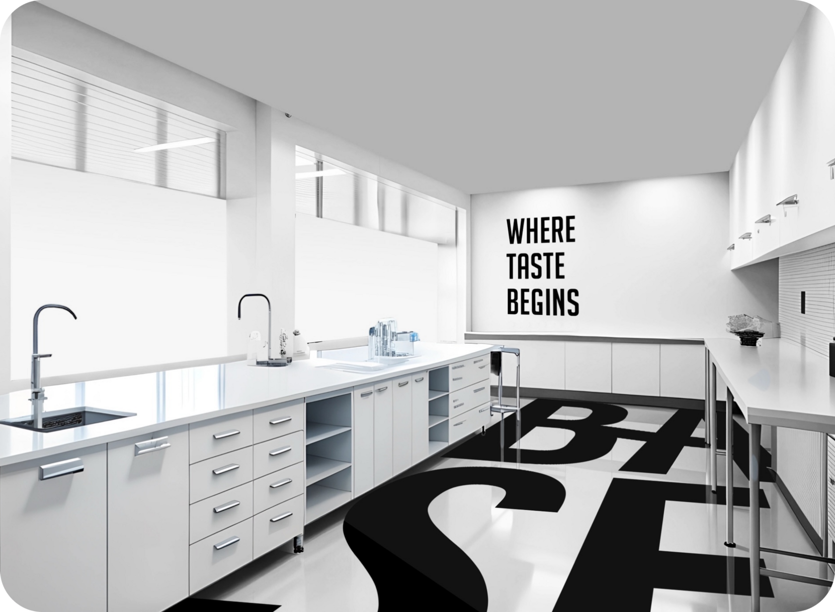 Modern laboratory of The Base Beverage with white countertops and equipment, branded slogan "Where Taste Begins" on the wall and logo on the floor
