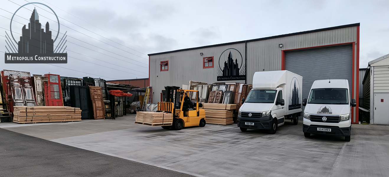 Wide view of the Metropolis Construction yard with delivery vans and materials