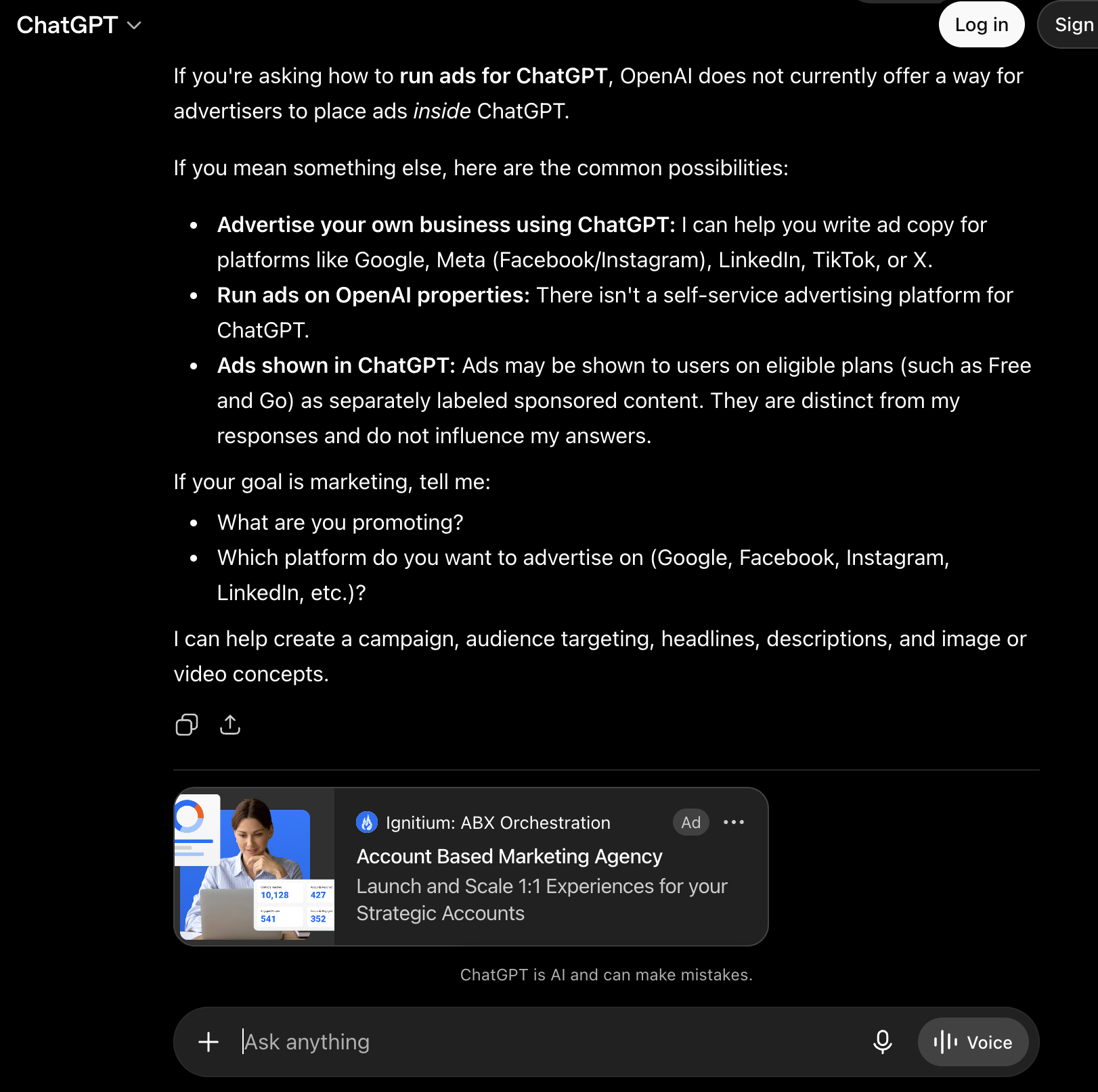 Example ChatGPT ad placement