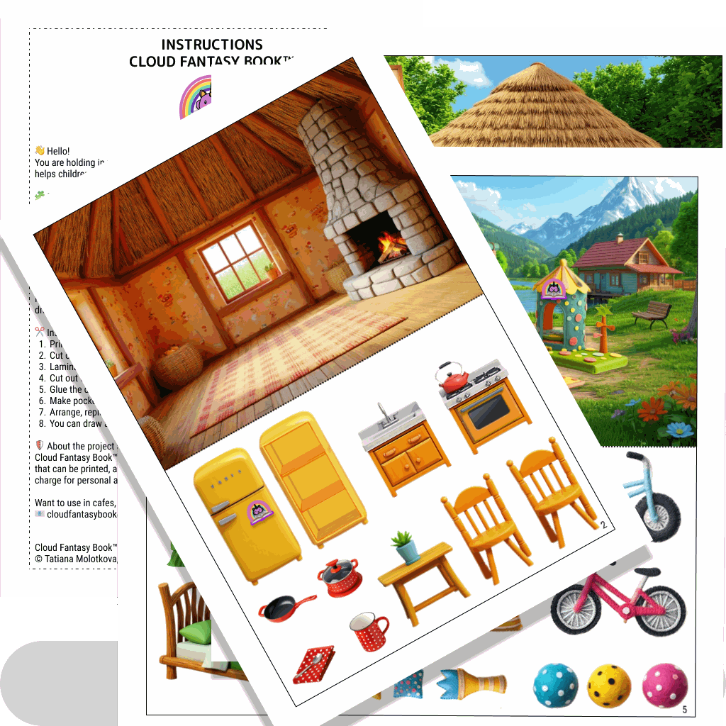 Printable dollhouse with kitchen, bedroom and garden