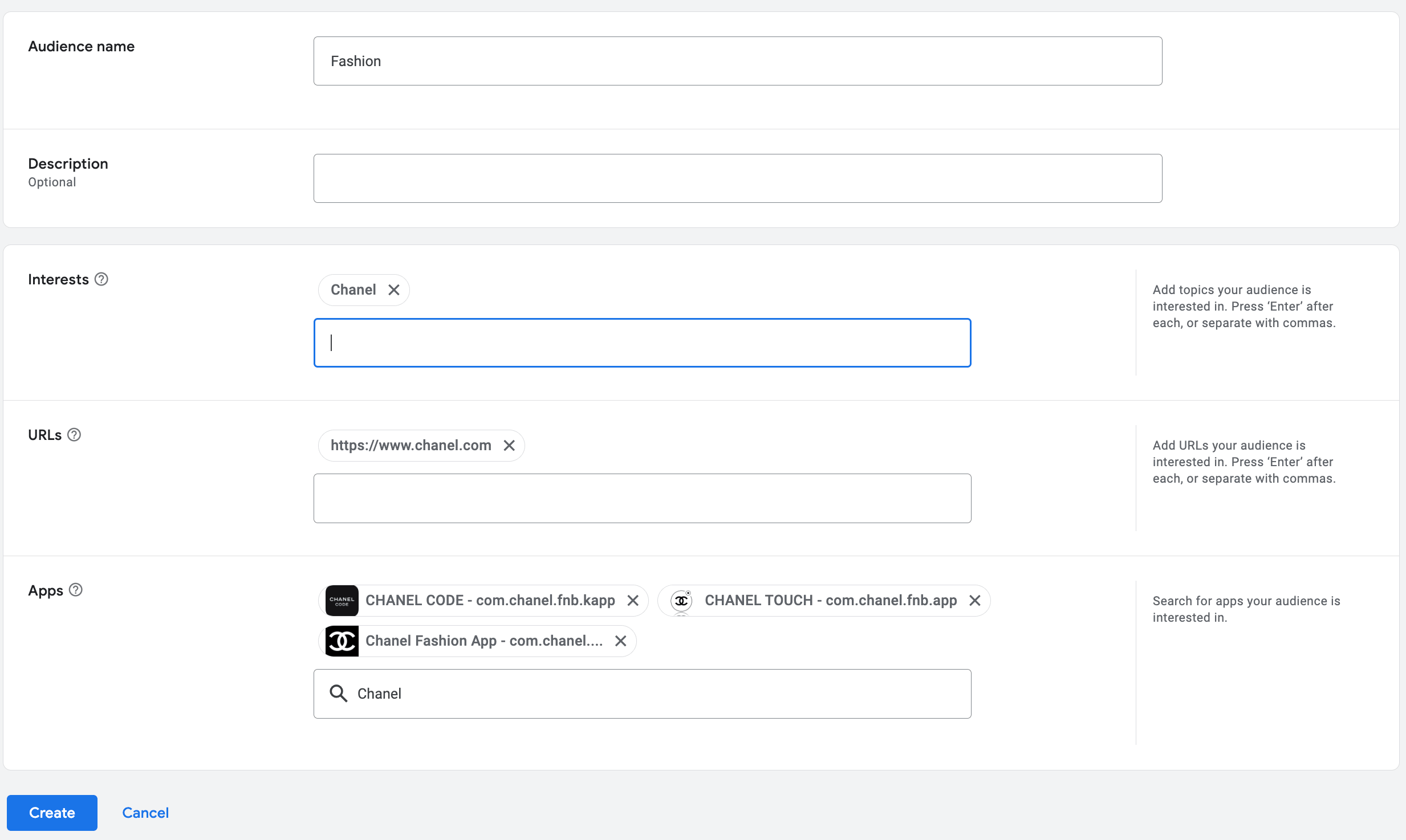 Создание Custom audience в DV360: имя Fashion, интерес Chanel, URL chanel.com, приложения Chanel