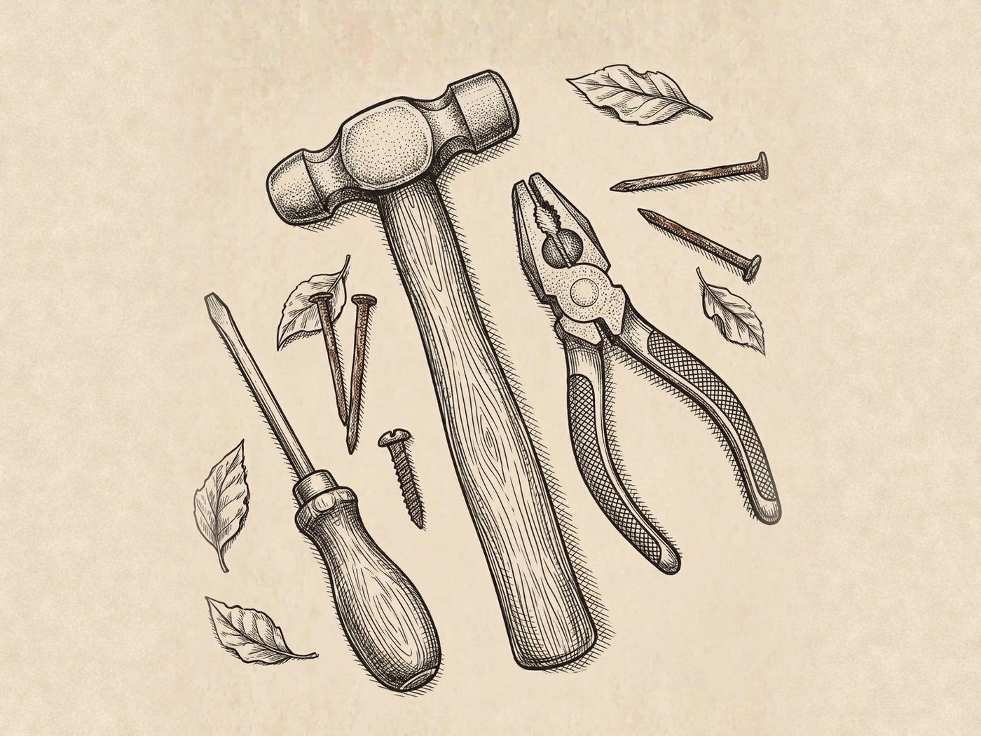 Engraving of a hammer, pliers and screwdriver