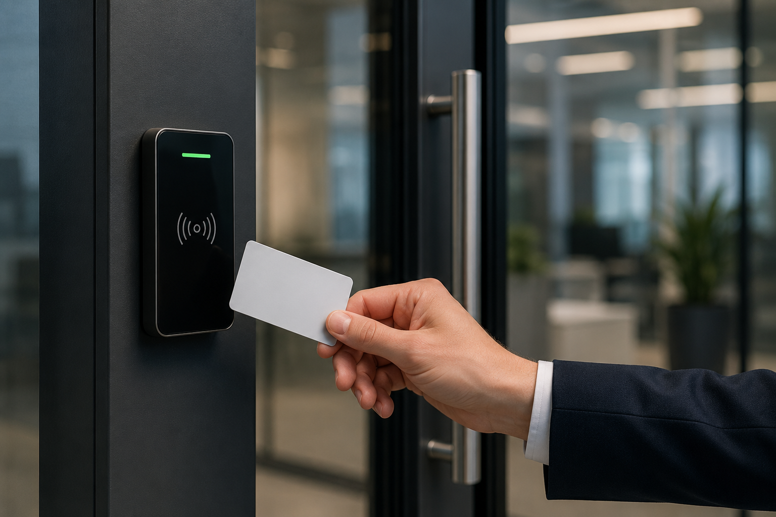 Hand presenting an access control fob to a modern door reader