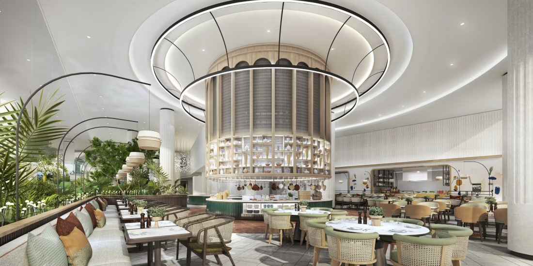 Elegant restaurant interior at Crowne Plaza Dhaka Airport Hotel with modern lighting and seating