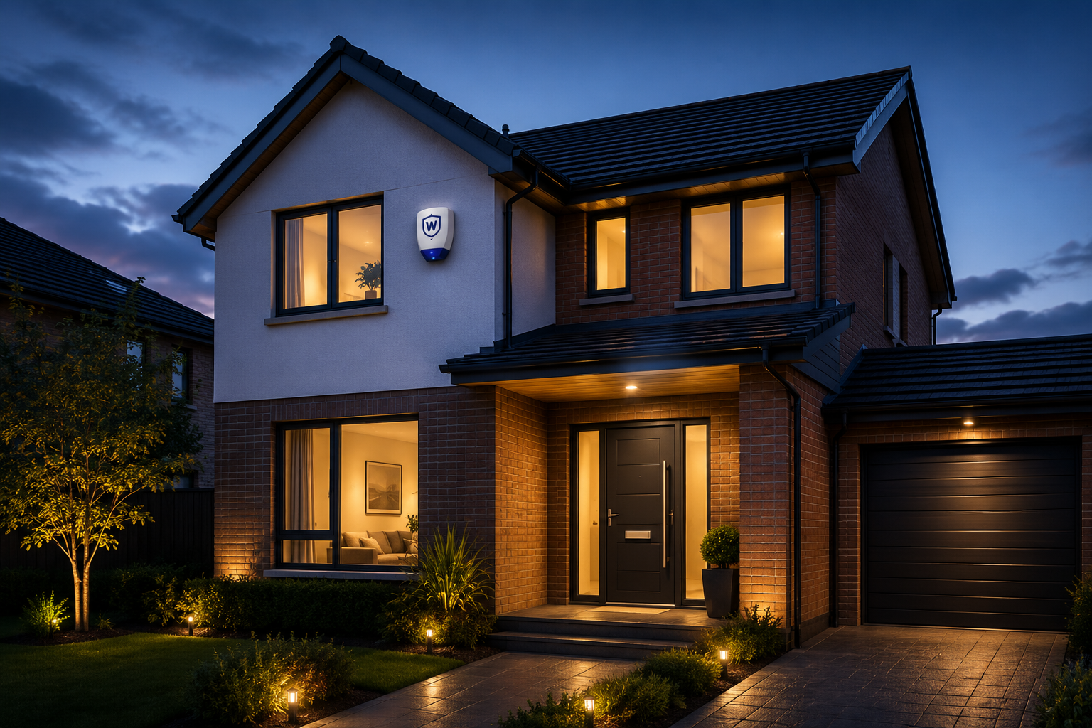 Modern home at dusk protected by alarm system