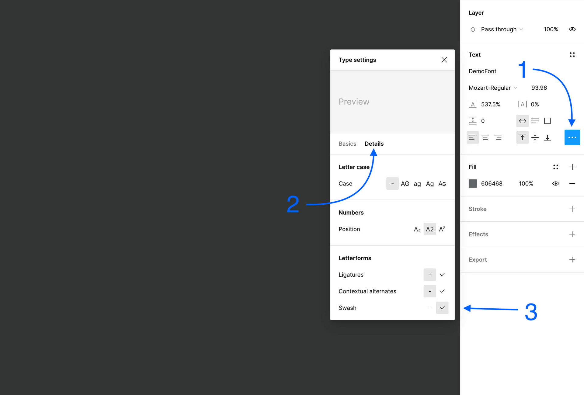 Swash, figma interface, opentype