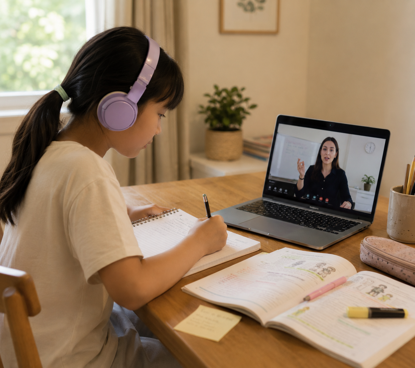 Girl taking an online English class with her teacher