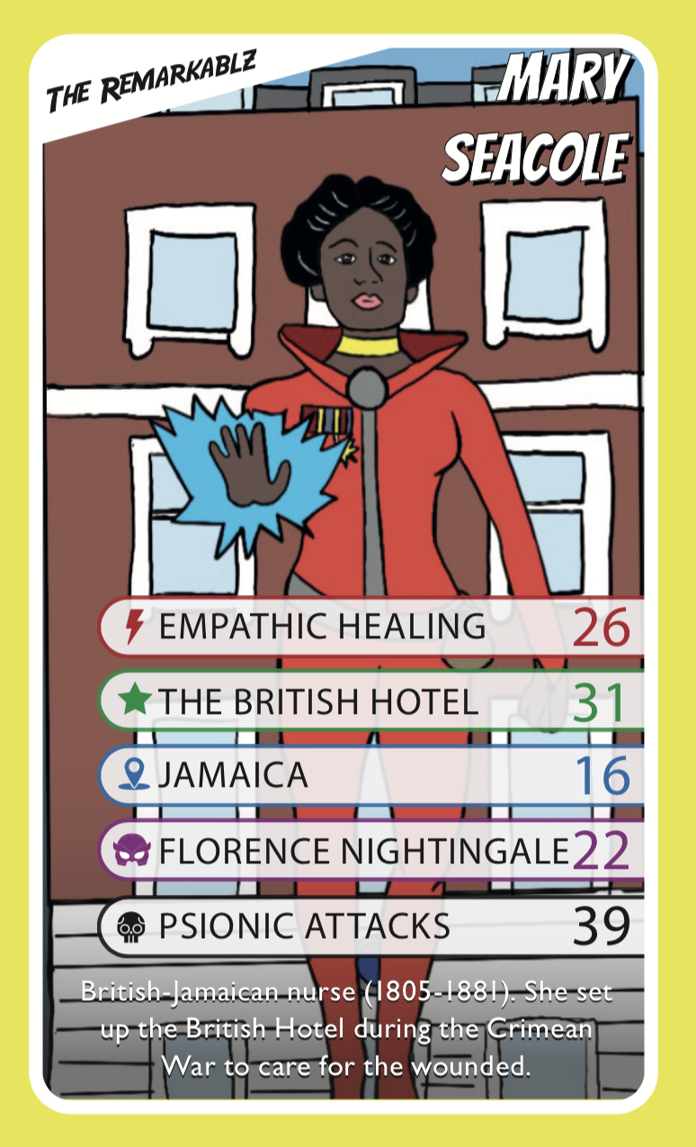 An illustrated trading card of Mary Seacole from The Remarkablz series. She stands confidently in front of a building labeled "The British Hotel," wearing a red coat and holding a glowing blue healing energy. The card includes stats like Empathic Healing, The British Hotel, and Psionic Attacks, with a short bio highlighting her role during the Crimean War.